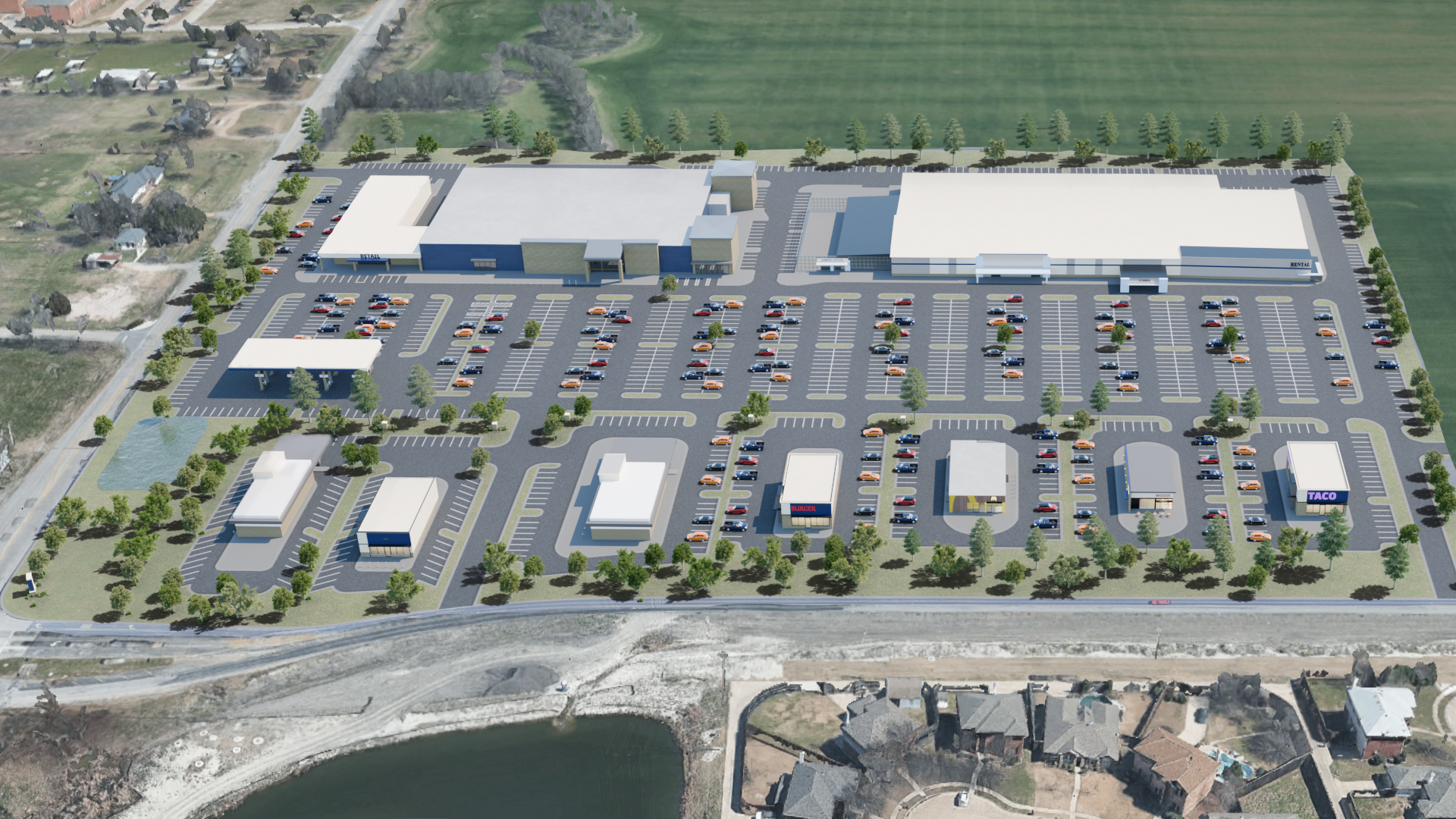 New Allen commercial complex, parking and site render